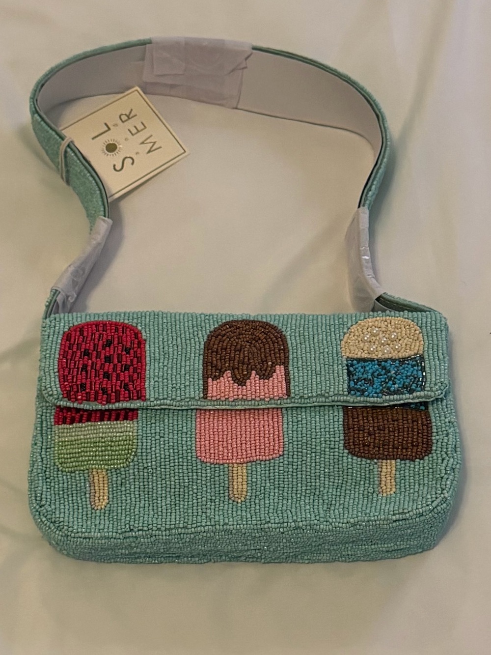 Mint Beaded Ice Cream Shoulder Bag with Colorful Accents